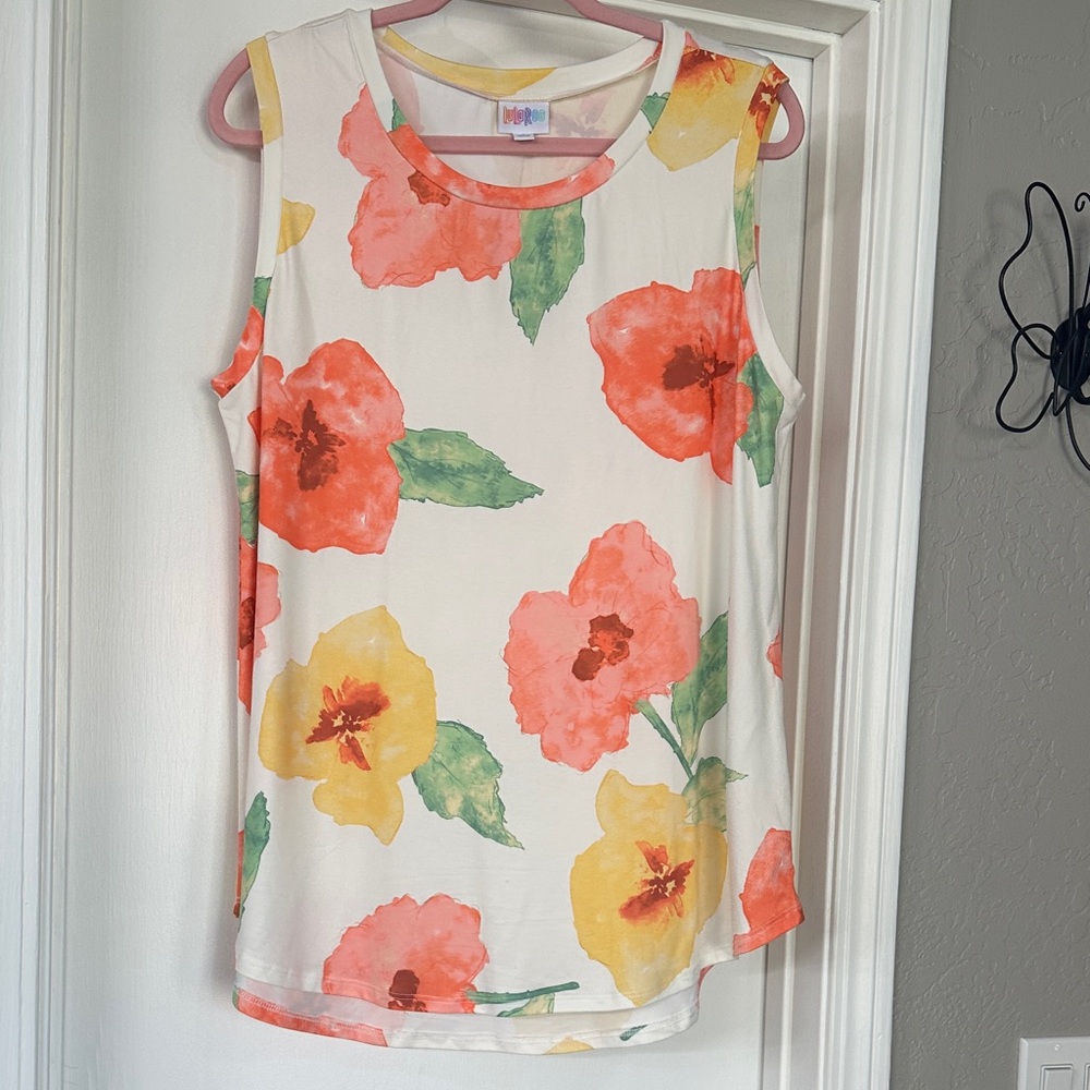 LuLaRoe Cocoa Cream Tank with Coral, Yellow & Green Watercolor Blooms